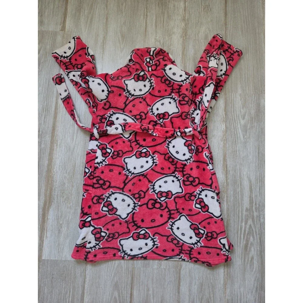 Hello Kitty Plush Fleece Bath Robe Pink Belted Kids Size 6 Cozy Sanrio EUC